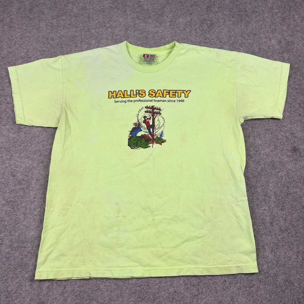 Bayside Hall's Safety T-Shirt Mens XL Neon Green Graphic Lineman USA Made 90s